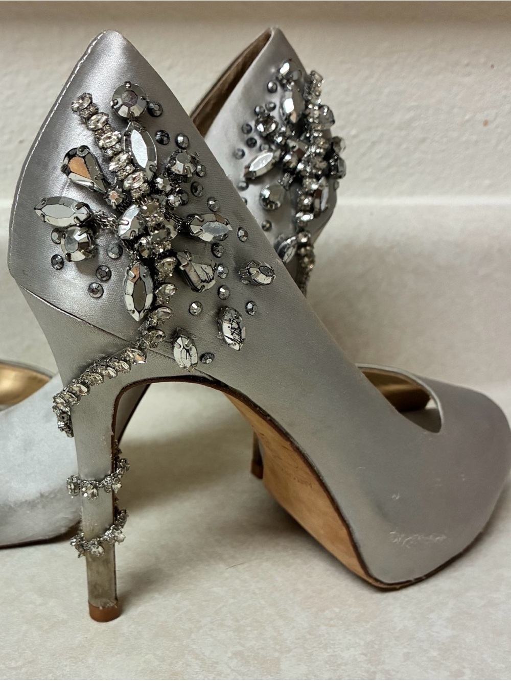 ANTONIO MELANI Silver Satin Jeweled Peep-Toe Pumps